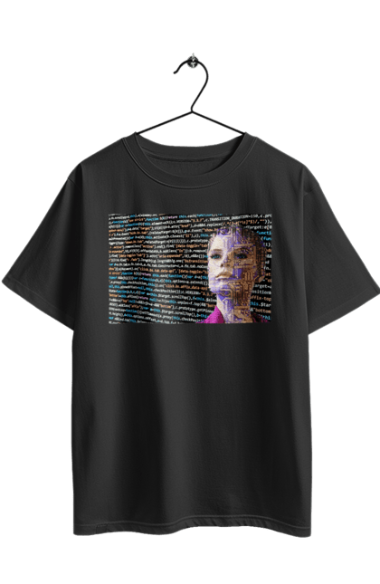 Футболка оверсайз з принтом "Штучний Розум". Айті, айтішник, гик, жінка, знання, інженер, інтелект, кібер, кібернетика, кіборг, код, комп, комп`ютерник, кристал, машинне навчання, мікросхема, мозок, портрет, програміст, професіонал, професія, розробник, розум, світиться, світло, хакер, чіп, штучний інтелект, штучний розум. 2070702