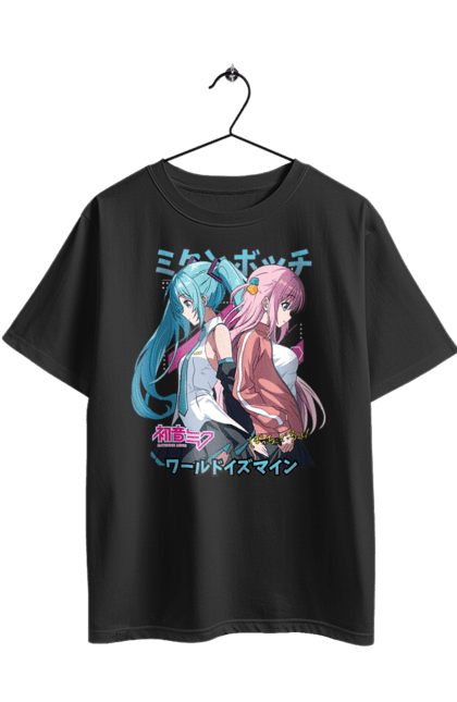Oversized t-shirt with prints Hatsune Miku and Hitori Gotou. Anime, bocchi the rock, hatsune miku, hitori goto, hitori gotou, lonely rocker, miku, rocker, vocaloid. 2070702