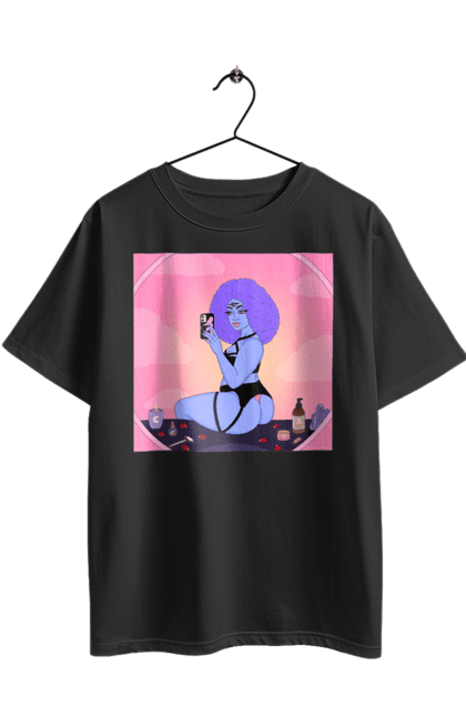 Футболка оверсайз з принтом "Фіолетова Дівчина Фото У Дзеркалі". Білизна, дзеркало, фото. 2070702