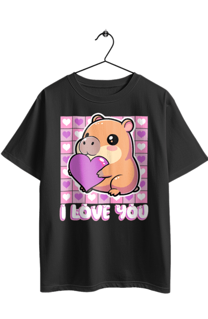 Футболка оверсайз з принтом "Закохана капібара". I love you, валентинка, день святого валентина, капибара, кохання, милі тварини, пара капібар, романтика, романтичний подарунок, серця. 2070702
