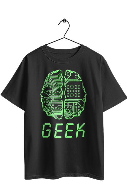 Футболка оверсайз з принтом "Гик Мозок Неоновий". Айті, айтішник, гик, друкована плата, зелений, знання, інженер, кібер, кібернетика, кіборг, код, комп, комп’ютерник, кристал, мікросхема, мозок, неон, неоновий, програміст, професіонал, професія, розробник, розум, світиться, світло, чіп. 2070702