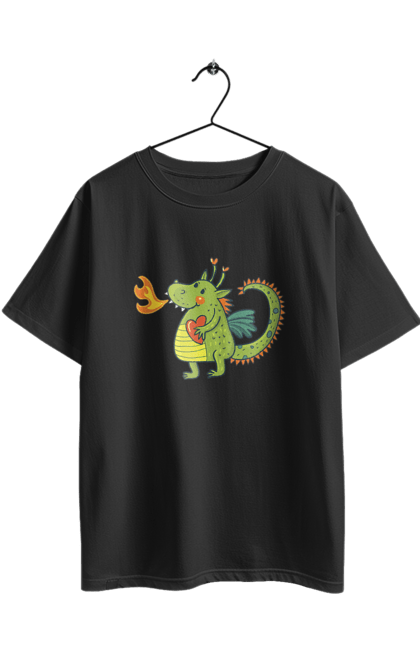 Футболка оверсайз з принтом "Закоханий дракон". Вогонь, дракон, зелений дракон, любов, новий рік, серце, символ 2024. 2070702
