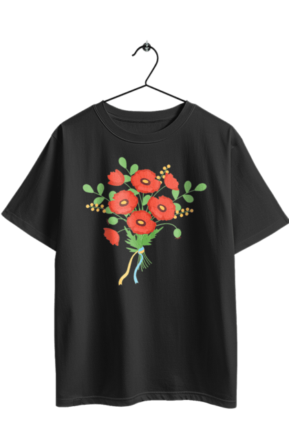 Футболка оверсайз з принтом "Червоні маки". Квіти, мак, прапор україни, символ україни, традиції україни, україна, червоні маки. 2070702