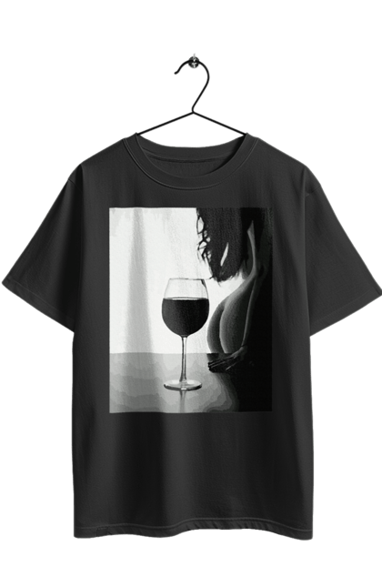 Футболка оверсайз з принтом "Келих вина". Вино у келиху, грація, знову п`ятниця, очікування, тіло жінки, форми жіночого тіла. 2070702