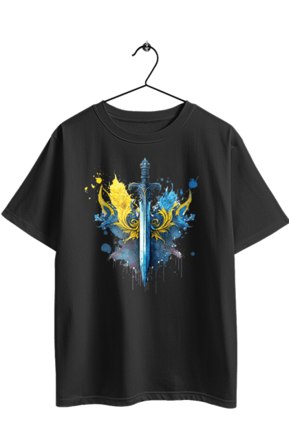 Футболка оверсайз з принтом "Меч в українському стилі". Герб, меч, перемога, прапор, символ україни, тризуб, україна. 2070702
