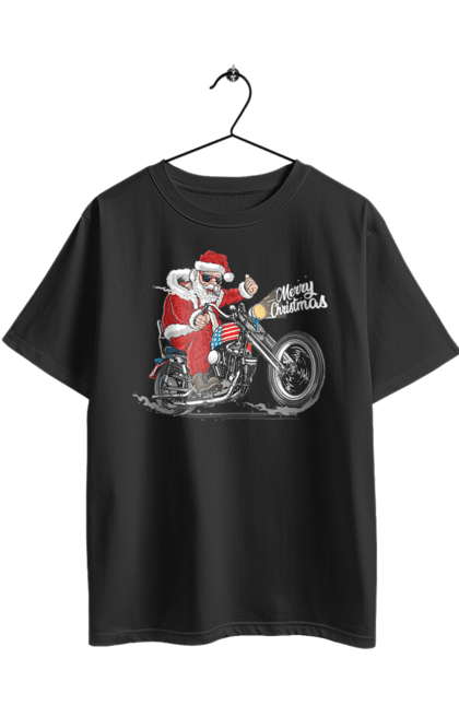 Футболка оверсайз з принтом "Санта в окулярах на мотоциклі". Байкер, дід мороз, зима, мотоцикл, новий рік, різдво, санта, санта клаус, сніг, щасливого різдва. 2070702