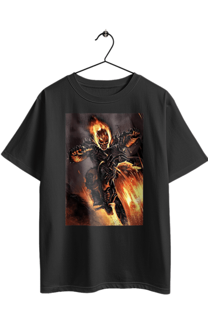 Футболка оверсайз з принтом "Пекельний Гонщик". Вогонь, мотоцикл, пекельний гонщик, скелет, чоппер. 2070702