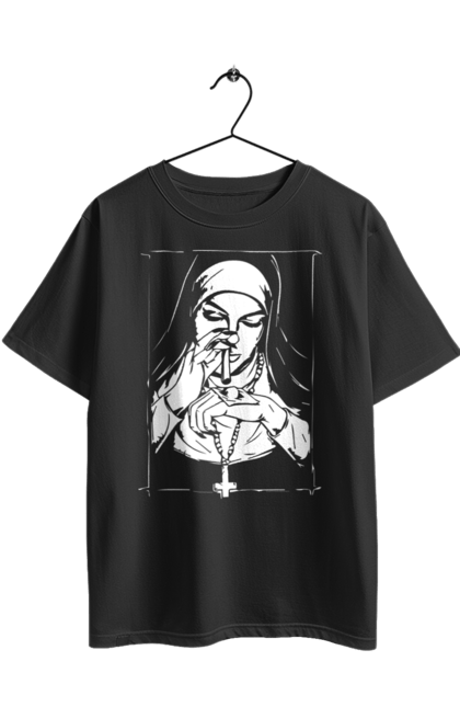 Футболка оверсайз з принтом "Монашка нюхає порошок". Крута, метал, модна, молодіжна, популярна, рок, хрест, черниця, черниця нюхає порошок. 2070702