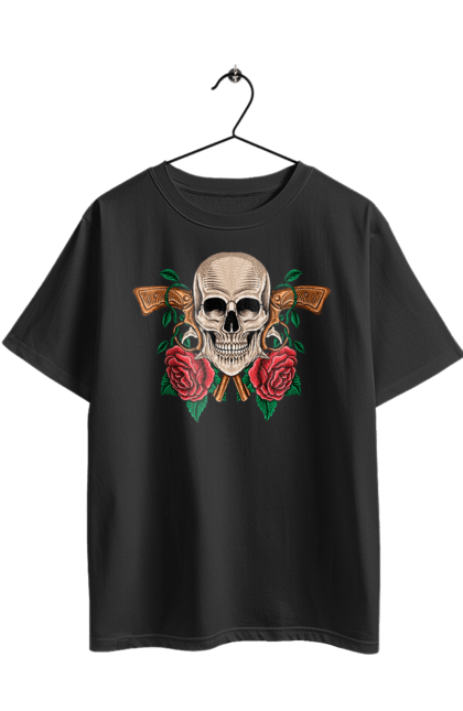 Oversized t-shirt with prints Skull with roses. Bones, eyes, flowers, gun, leaves, rose flower, scull, spikes, teeth. 2070702
