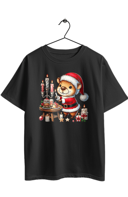 Футболка оверсайз з принтом "Капібара та різдвяна вечеря". Капібара, новий рік, новорічний подарунок, подарунок, різдво, різдвяна вечеря, різдвяна капібара, санта, свято, тварина. 2070702