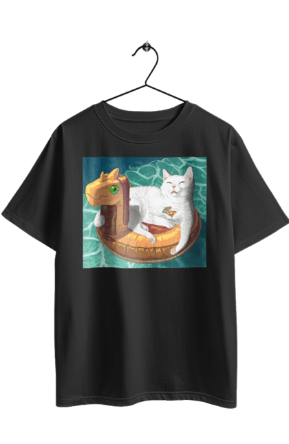 Футболка оверсайз з принтом "Білий кіт у плавальному колі, на відпочинку". Басейн, відпочинок, кіт, коктейль, море, плавальний круг. 2070702