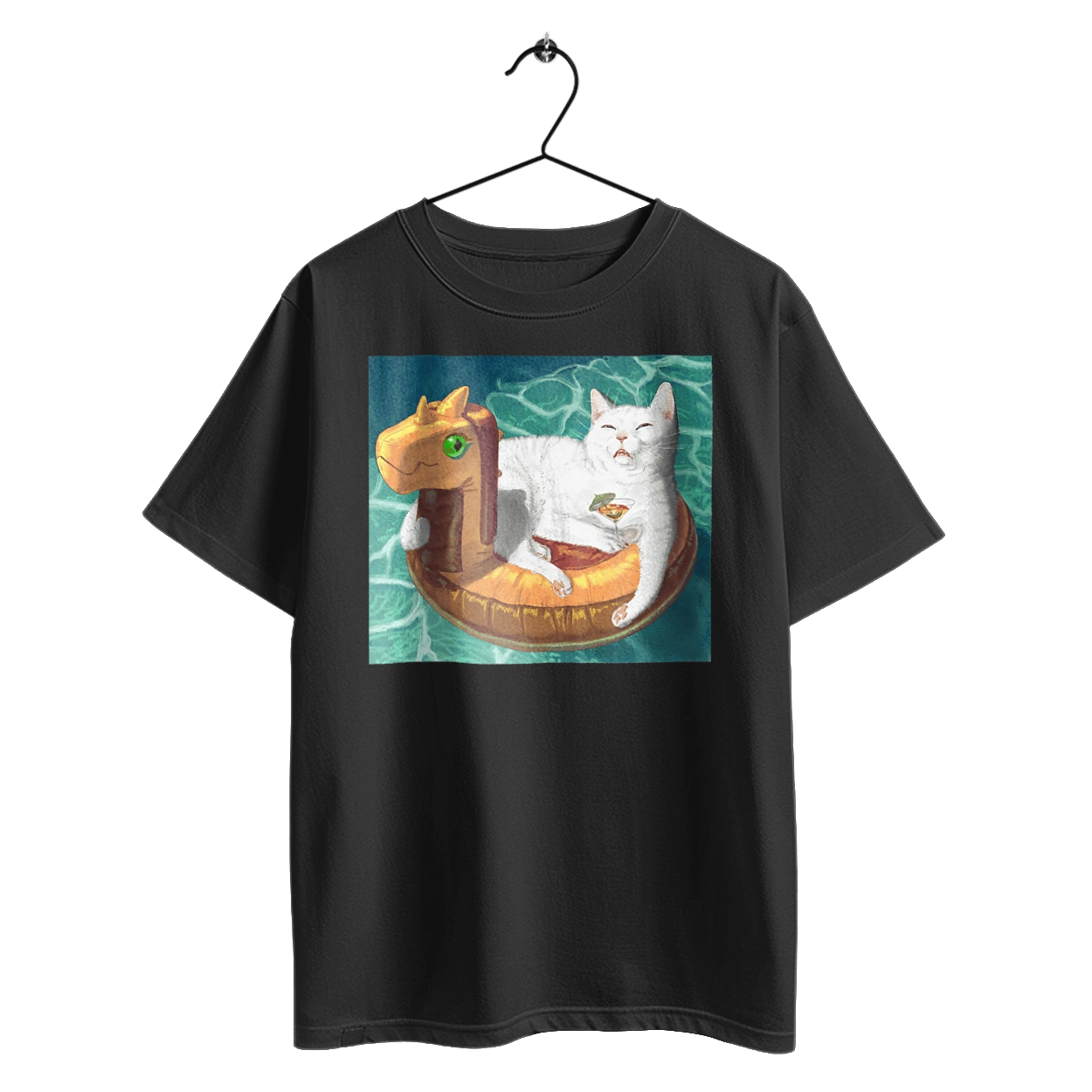 White cat in a swimming circle on vacation