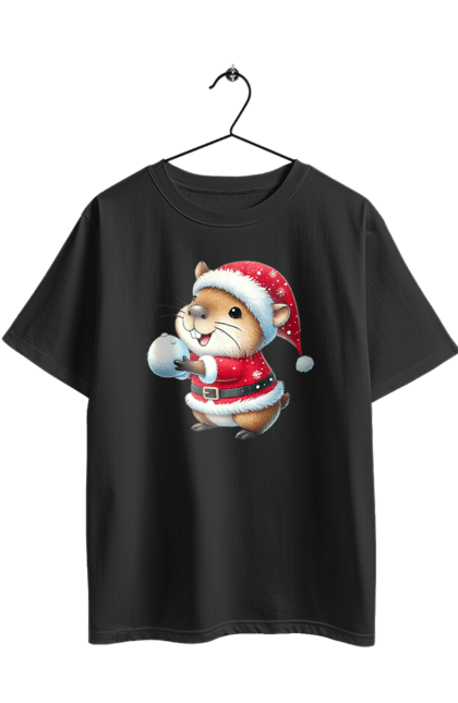 Футболка оверсайз з принтом "Капібара грає у сніжки". Гра, капібара, новий рік, подарунок, різдво, різдвяна капібара, санта, свято, сніжки, тварина. 2070702