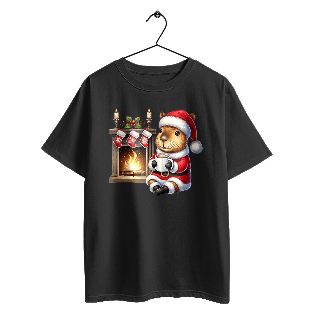 Capybara by the fireplace with hot chocolate