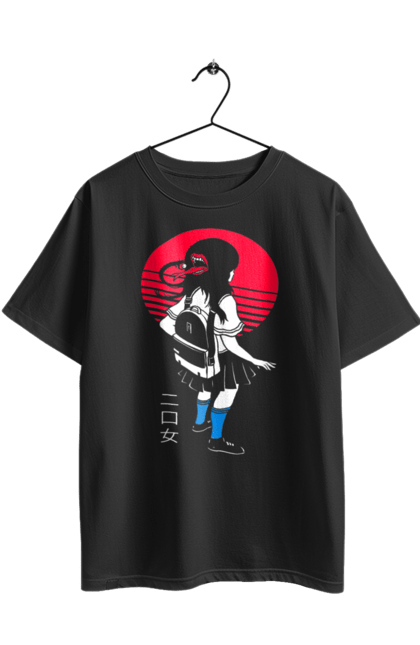 Oversized t-shirt with prints Two Mouthed Girl. Horror, japan, language, lips, mouth, schoolgirl, young woman. 2070702