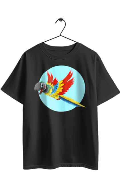 Футболка оверсайз з принтом "Папуга". Барвистий папуга, какаду, кольоровий папуга, папуга, що летить. 2070702