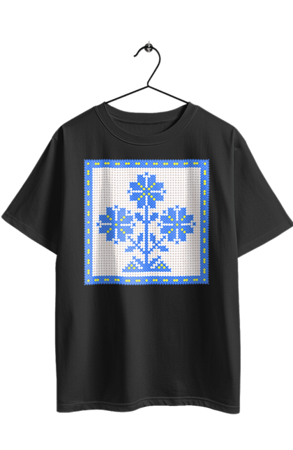 Oversized t-shirt with prints Yellow blue embroidery flowers. Cross stitch, embroidery, flowers, symbol of ukraine, traditions of ukraine, ukraine. 2070702