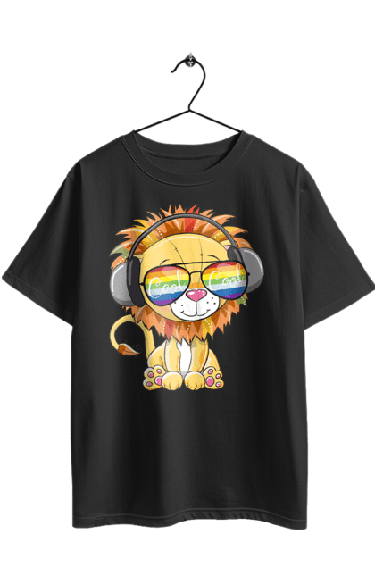 Oversized t-shirt with prints Lion In Glasses And Headphones. Glasses, headphones, lion cub. 2070702