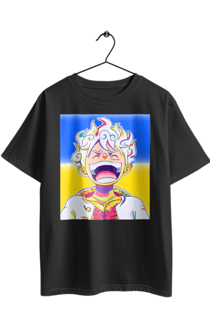 Футболка оверсайз з принтом "Монкі д Луффі сміється на жовто блактному фоні". Ван піс, луффі, монкі д. луффі, прапор україни, символ україни, україна. 2070702