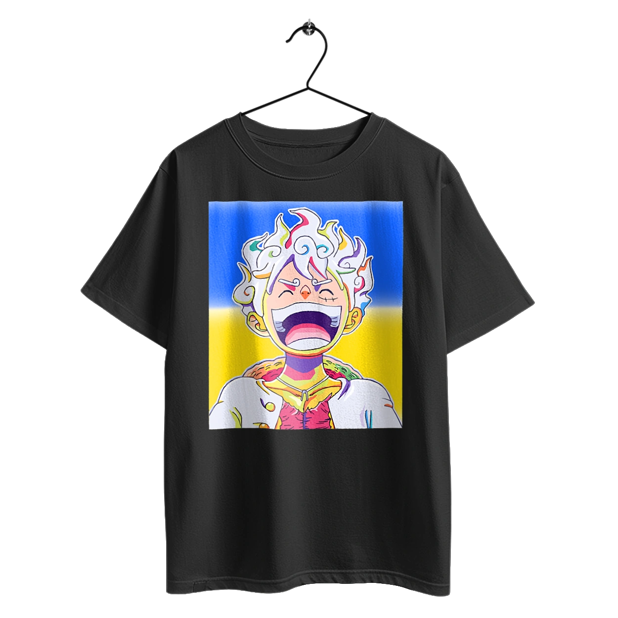 Monkey D Luffy laughing on a yellow blue background