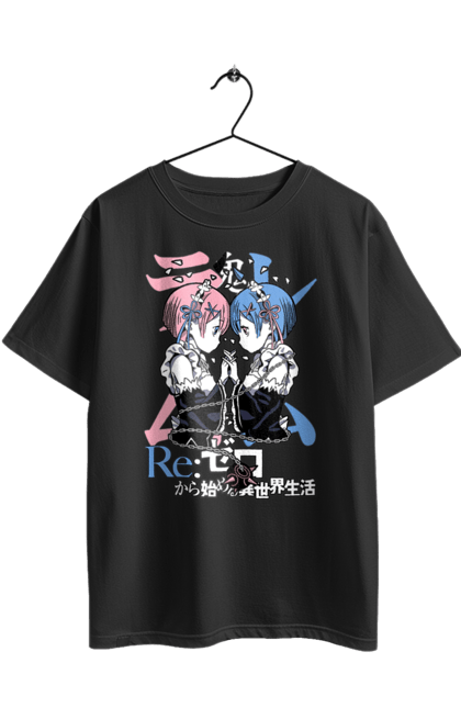 Oversized t-shirt with prints Re:Zero. Anime, drama, fantasy, manga, ram, re:zero, rem, thriller. 2070702