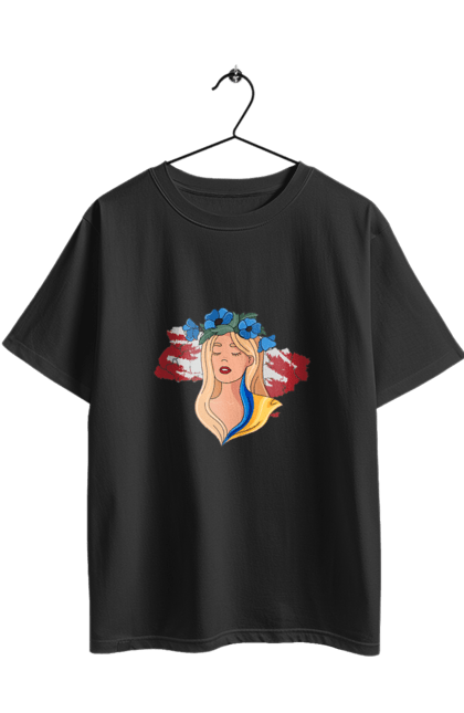 Футболка оверсайз з принтом "Дівчина на карті України". Дівчина, дівчина на карті, жовтий, карта україни, квіти, прапор, синій, україна, червоний. 2070702