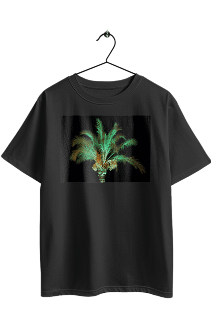 Футболка оверсайз с принтом Финиковая Пальма Ночью. Берег, зеленый, море, небо, ночь, оазис, океан, остров, отдых, отпуск, пальма, приключения, путешествие, тропики, финиковая, черное, юг. 2070702