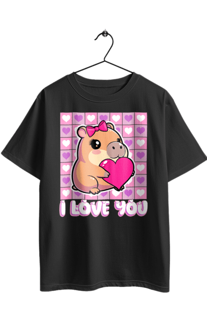 Футболка оверсайз з принтом "Закохана капібара". I love you, валентинка, день святого валентина, капибара, кохання, милі тварини, пара капібар, романтика, романтичний подарунок, серця. 2070702