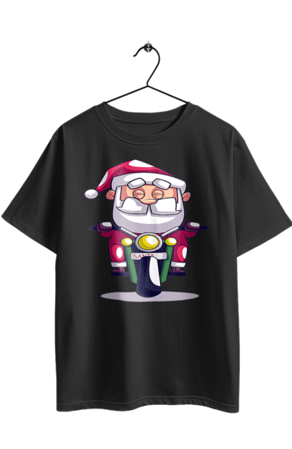 Футболка оверсайз з принтом "Щасливий Санта на мотоциклі". 2022, дід мороз, зима, мотоцикл, новий рік, різдво, санта, сніг. 2070702