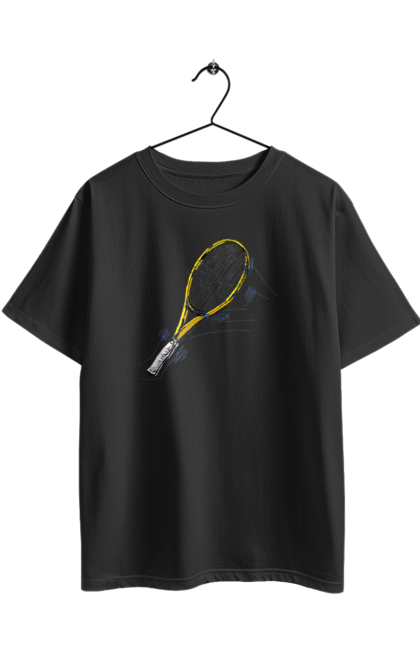 Футболка оверсайз з принтом "Ракетка Великий теніс". Великий теніс, гравці, грунт, м`яч, призовий фонд, ракетка, спонсор, турнір на ґрунті, турнірна сітка. 2070702