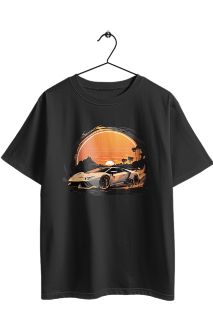 Футболка оверсайз з принтом "Ламборджині на заході сонця". Авто, автомобіль, ламборджині, машина, машини. 2070702