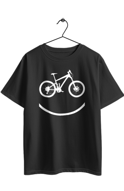 Футболка оверсайз з принтом "Велосмайл". Велосипед, велоспорт, колесо, крос, любителям велосипеда, педалі, смайл, смайлик, траса. 2070702