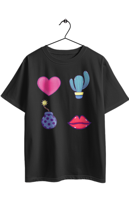 Oversized t-shirt with prints Heart, Cactus, Bomb, Lips. Bomb, cactus, lips. 2070702