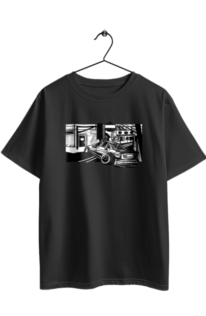 Футболка оверсайз з принтом "Небезпечний Автомобіль на дорогах вулиць". Автомобіль, гонки, машина, небезпечний, чорно білий, швидкий. 2070702