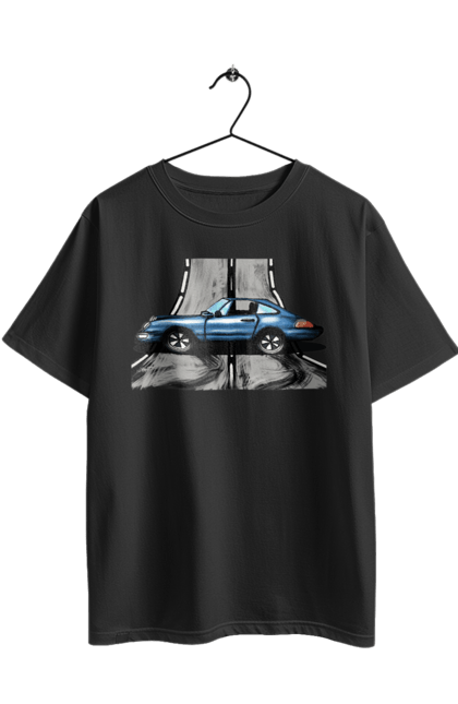 Футболка оверсайз з принтом "Спортивний Автомобіль На Дорозі". Автомобіль, гонки, синій, спортиного, швидкий, швидкісний. 2070702