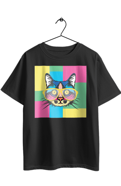 Футболка оверсайз з принтом "Кіт в окулярах". Арт, вуса, кіт, котик, малюнок, окуляри, тварина, яскравий. 2070702
