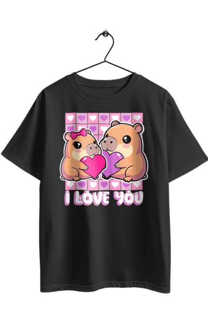 Футболка оверсайз з принтом "Закохана капібара". I love you, валентинка, день святого валентина, капибара, кохання, милі тварини, пара капібар, романтика, романтичний подарунок, серця. 2070702