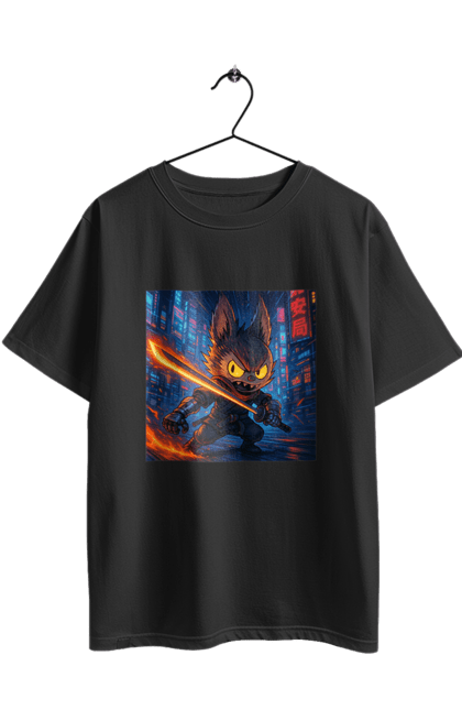 Футболка оверсайз з принтом "Лабубу". Аніместиль, дія, катана, кіберніндзя, кіберпанк, лабубу, меч, неонове місто, очі` що світяться. 2070702