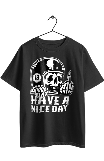 Футболка оверсайз з принтом "Гарного дня". Байкерська, гарного дня, з черепом, тринадцять, фак, череп. 2070702