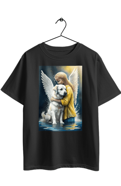 Футболка оверсайз з принтом "Дівчинка та собака ангел [память загиблим тваринам]". Дівчинка та собака, крим, нова каховка, память загиблим тваринам, собака ангел, україна, херсон. 2070702