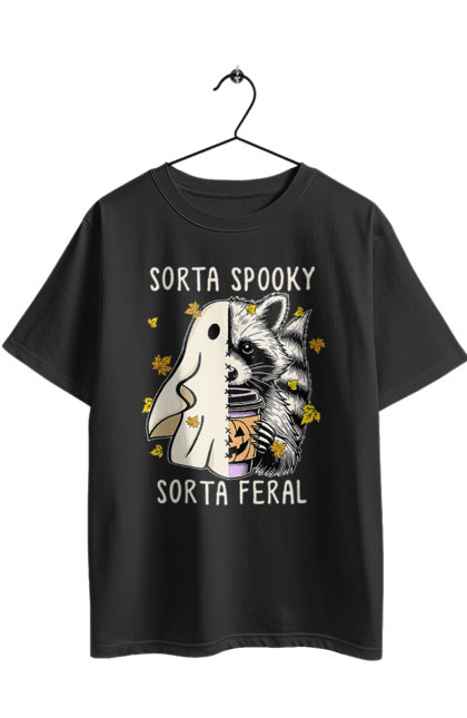 Футболка оверсайз з принтом "Хелловін Привид Єнот". Halloween, гелловін, єнот, жовтень, капощі, ласощі, лякати, привид, свято, хелловін. 2070702