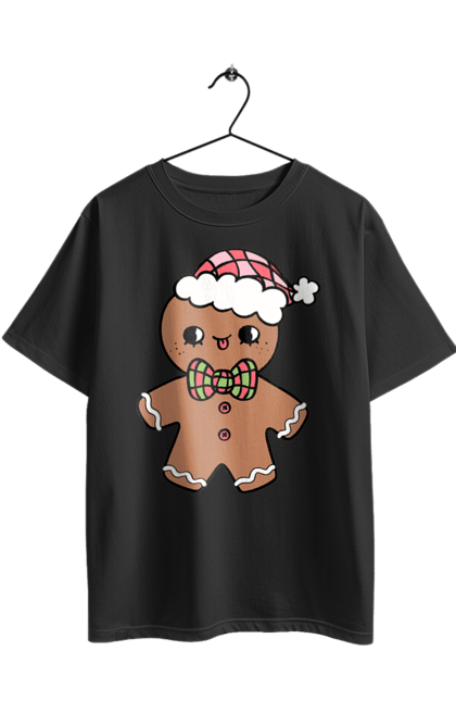 Oversized t-shirt with prints Gingerbread in a Christmas hat. Christmas, christmas decor, christmas print, cookie, festive mood, gingerbread cookies, new year, sweets, winter holidays. 2070702