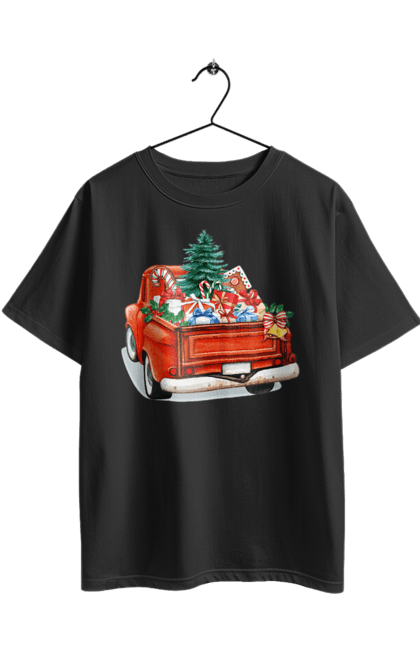 Футболка оверсайз з принтом "Авто з подарунками". Автомобіль, новий рік, подарунки, різдво, санта, ялинка. 2070702