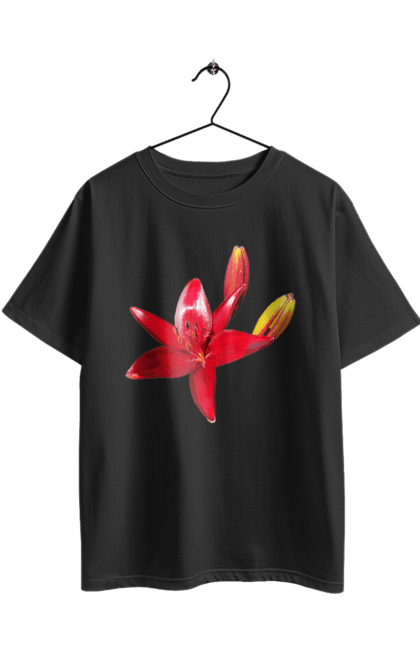 Футболка оверсайз з принтом "Червона лілія". Бутон, квітка, колір, лілія, природа, сонячний, червона квітка, червона лілія, червоний, яскравий. 2070702