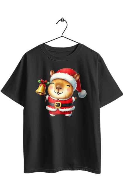 Футболка оверсайз з принтом "Весела капібара з дзвіночком". Дзвіночок, капібара, новий рік, новорічний подарунок, подарунок, різдво, різдвяна капібара, санта, свято, тварина. 2070702