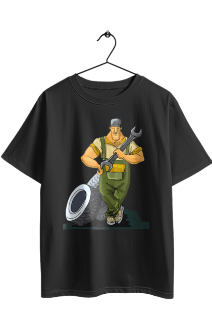 Футболка оверсайз з принтом "Автомайстер". Гайковий ключ, колеса, професія. 2070702