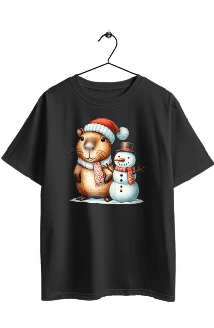 Футболка оверсайз з принтом "Капібара та сніговик". Капібара, новий рік, новорічний подарунок, подарунок, різдво, різдвяна капібара, санта, свято, сніговик, тварина. 2070702