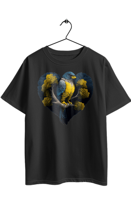 Футболка оверсайз з принтом "Синьо жовтий сокіл". Дерево, прапор україни, серце, символ україни, сокіл, україна. 2070702