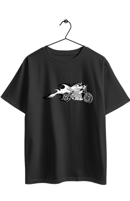 Футболка оверсайз з принтом "Мотоцикл Вогонь". Мото, мотоцикл, огонь. 2070702