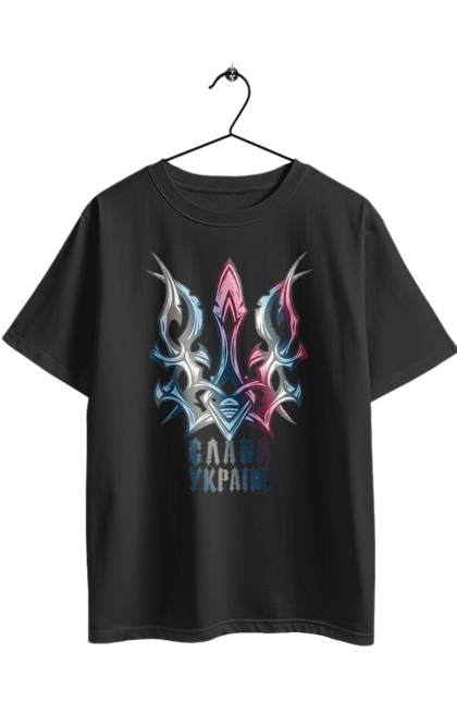 Футболка оверсайз с принтом Трезубец слава Украине цветной. Свобода, слава украине, трезубец, трезубец слава украине, украина, я украинец. 2070702